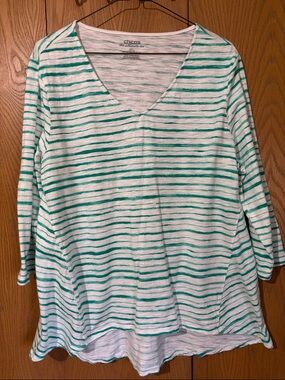 Chico's White and Teal Striped V-Neck 3/4  Sleeve Top size 2